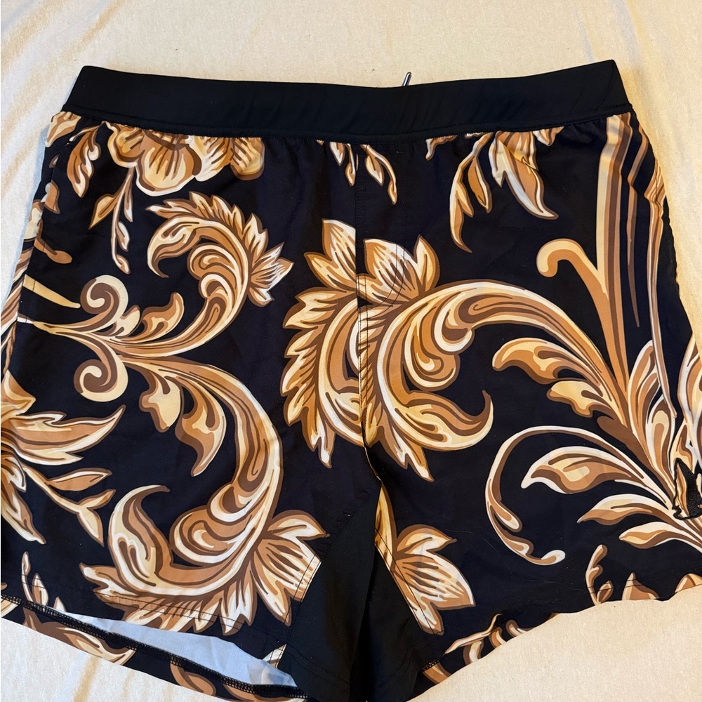 Black and Tan Athletic Shorts with Ornate Design